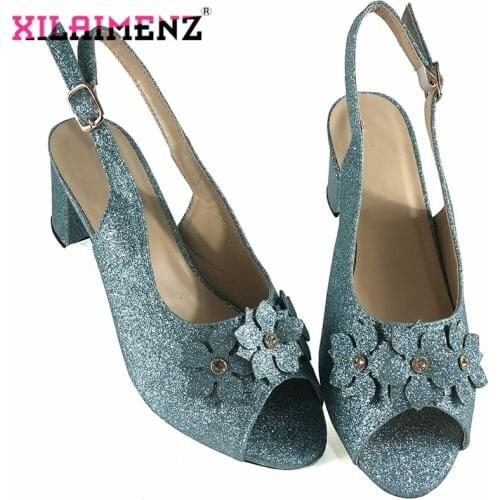 Sky Blue New Arrival African Wedding Shoes Larges Size 43 Italy Design Elegant Women Party Flower Shoes Summer Shining Sandals