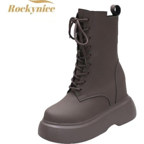 Women Winter Chunky Boots 2021 Leather Hidden Heels Women Sneakers Autumn Waterproof Boots Lace-up Platform Mid-calf Boots 10cm