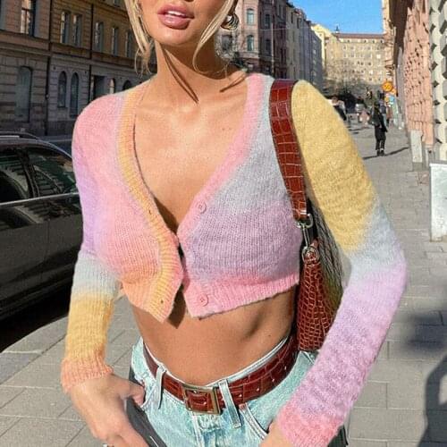 2021 Autumn Sexy V Neck Print Women Long Sleeve Crop Cardigan Y2K Fashion Jumper Casual Winter Knitted Sweater