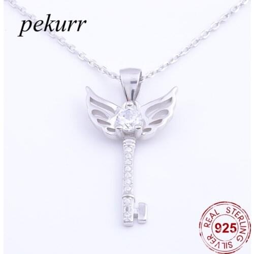 Pekurr 925 Sterling Silver Cubic Zirconia Heart Angel Hollow Wing Key Necklaces For Women Pendants Fine Jewelry Choker Gifts