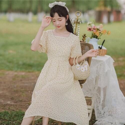 Gentle Wind Summer French Sweet Romantic Floral Dress Women Lace Square Collar Puff Sleeve Retro Dress Vestidos