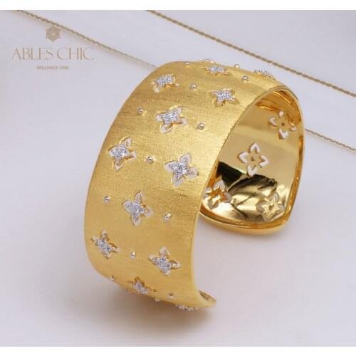 18K Gold Tone Celtic Clovers Wide Open Bangle 925 Silver Fabric Silky Stars Pattern Wedding Bracelet Renaissance Fine Jewelry