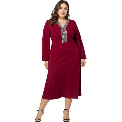 4XL Plus Size Clothes For Women V Neck Sequin Long Sleeve Evening Party Dress Elegant Comfortable Wearing Big Swing Midi Dress