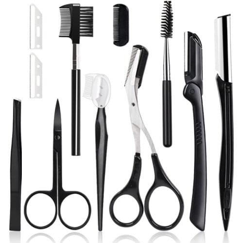 Black Eyebrow Trimming Scissors Stainless Steel Tweezers Eyebrow Scraping Eyebrow Comb Razor Eyebrow Clip Makeup Tools Sets