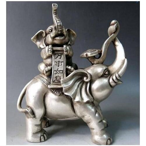 Decoration factory outlets white Copper Silver 8" China Silver carved Feng Shui as one wishes two Elephants Sculpture Statue