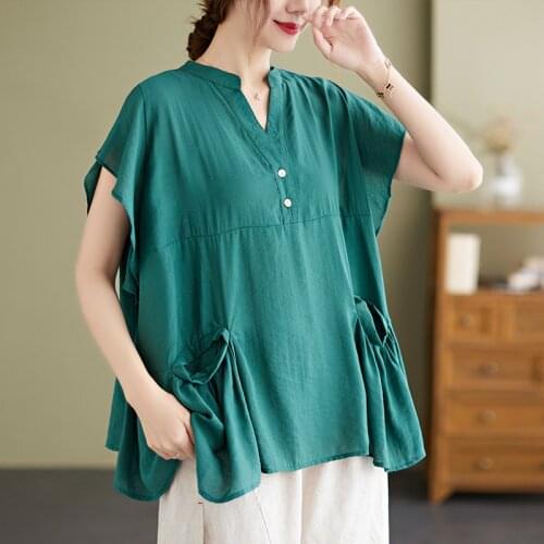 Oversized Women Cotton Linen Casual T-shirts New Arrival 2021 Summer Vintage V-neck Solid Color Loose Female Tops Tees B661