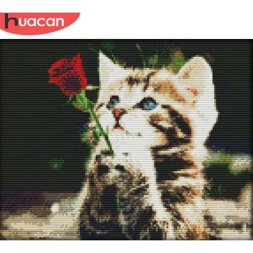 HUACAN Embroidery Cross Stitch Flower Cat Kits White Canvas Home Decoration Animal Needlework Sets 11CT 14CT DIY Gift