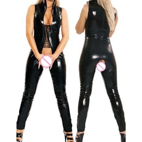 Hot Women Faux Leather Sleeveless Jumpsuit Black PVC PU Bodysuit Open Crotch Steampunk Costume Clubwear Catsuit M7186
