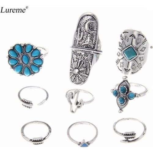 Lureme Vintage Silver Arrow Flower Green Stone Cactus Joint Knuckle Nail Midi Ring Set of 9 Rings for Women (rg001826)