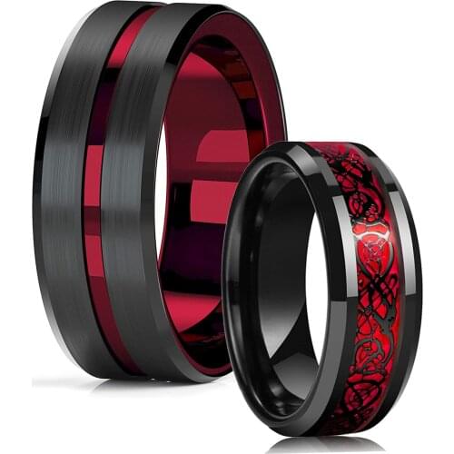 Fashion 8mm Red Tungsten Wedding Band Black Tungsten Carbide Ring For Men Women Retro Celtic Dragon Inlay Red Carbon Fiber Ring