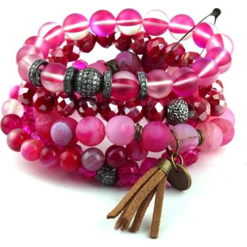 Fashion Energy Bracelets Beautiful Fuchsia Women Bracelet Set Natural Stone Glass and Stone Tassel Bracelet