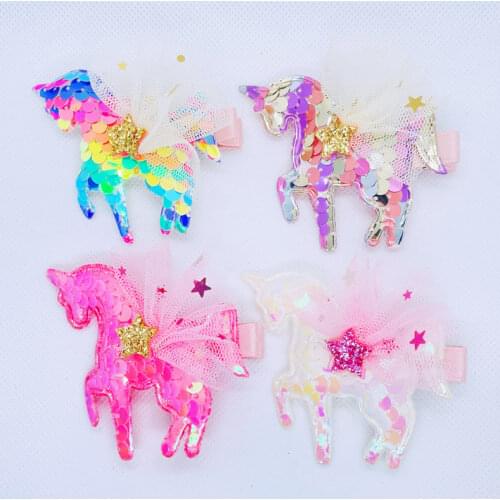 Boutique 20pcs Fashion Cute Sequin Unicorn Hairpins Glitter Star Mesh Floral Horse Hair Clips Princess Headwear Hair Accessories