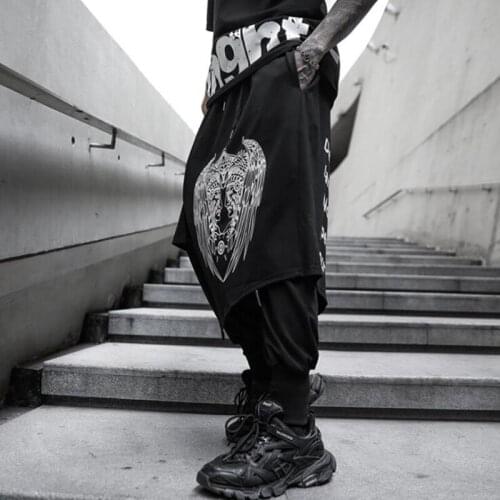 Men fake two piece street punk hip hop harem pants korean fashion joggers man gothic vintage punk pants drop crotch pantskirt