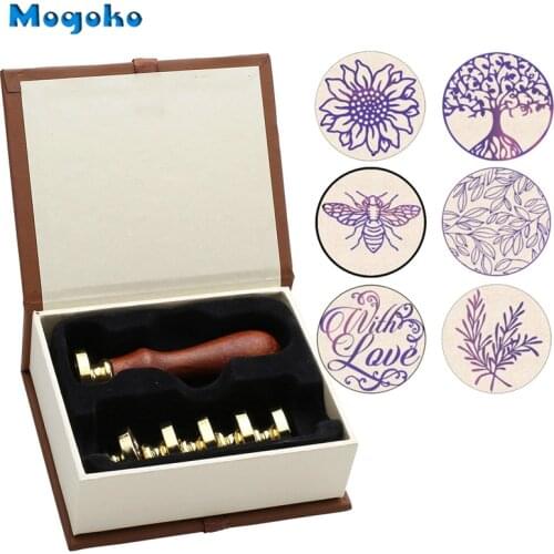 Mogoko Wax Seal Stamp Set 6 Pcs Sealing Wax Stamps+1 Wooden Handle with Gift Box for Wedding Custom Invitations Letters Envelope