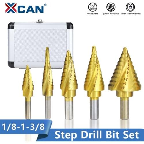 XCAN Step Drill Bit Set 5pcs 1/8-1-3/8 Inch Core Drill Bit for Wood Metal Drilling Spiral Titaniuim Coated Hole Cutter Drill Bit