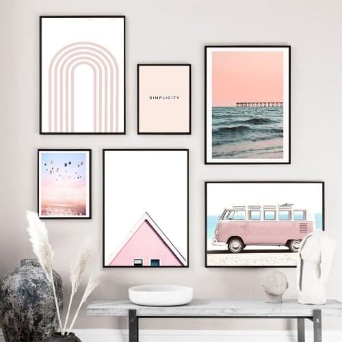 Pink Travel Poster Seascape Canvas Painting Abstract Line Art Print Quote Nordic Modern Wall Picture For Living Room Home Decor