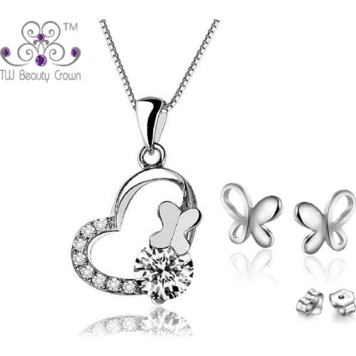 Real 925 Sterling Silver AAA Crystal Butterfly Pendants & Necklaces/Earrings Fashion Wedding & Engagement Party Jewelry Sets