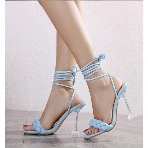 2021 New Summer Fashion Design Weave Women Sandals Transparent Strange High Heels Ladies Sandals Open Toe Shoes Clear High Heels