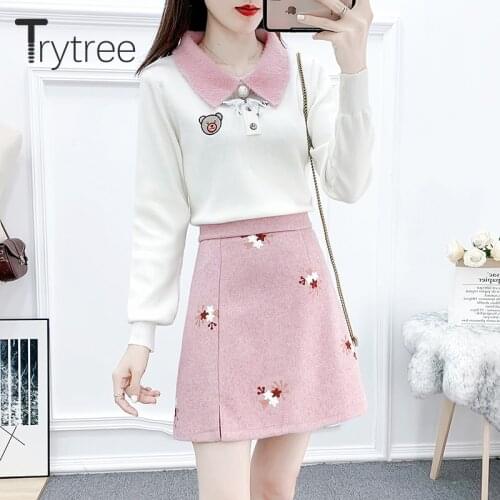 Trytree 2020 Autumn Winter Two piece set Casual Turn-down Collar Cartoon Bear Top + Skirt Print Mini A-line Set 2 Piece Set