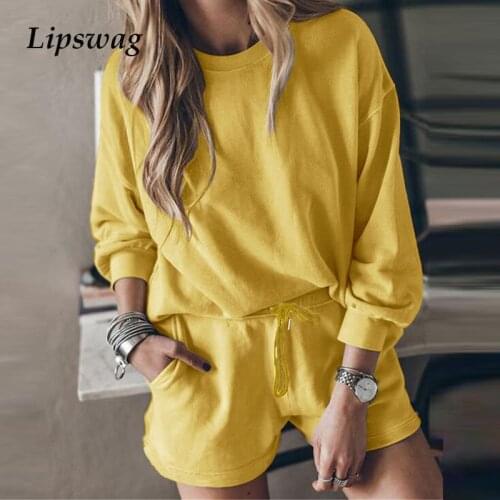 Autumn Elegant Solid Sets For Women Warm Hoodie Sweatshirts And Short Pant Fashion Two Piece Sets Ladies Lace Up Sweatshirt Suit