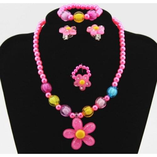 1set Lovely Girls Imitation Pearl Cartoon Princess flower Necklace/Bracelet/Ring/Earrings Kids Children Set brithday party Gift