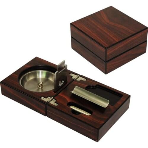 New 1 set Cuban cigar ashtray, solid wooden Box stainless steel ashtray + Cigar Punch+Cutter+Holder portable Foldable