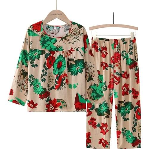Summer Two Piece Jacket 2021 New Style Female Long Sleeve Flower Print Round Neck Pajamas Suit Comfortable Home Lounge Nightwear