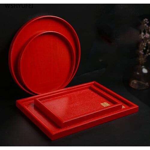 Chinese Style Red Solid Wood Tray Home Decor Wedding Restaurant Supplies Decorations Snacks Candy Fruit Nut Display Tray Dishes