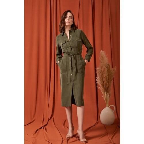 Casual Pocket Detail Khaki Women Dresses Coupon Outlets New Fashion