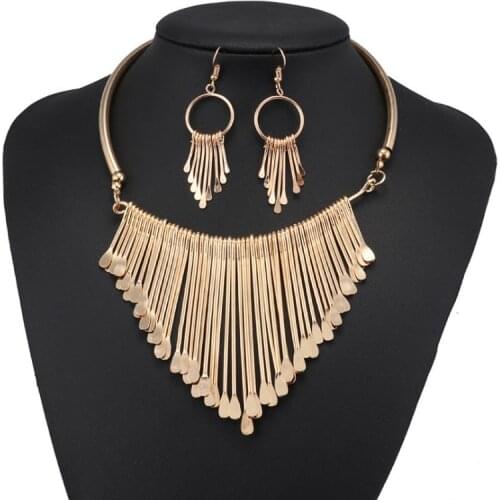 Luxury Jewelry Sets Golden&Silver Color Alloy Multi Layer Tassel Pendants Bib Statement Necklace Hanging Earrings Set for Women