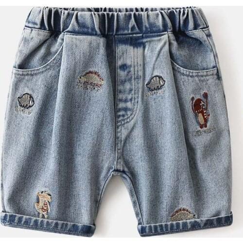 Shorts Denim Thin Short Trousers Children Short Jeans Kids Baby Stretch Boardshorts Korean Dinosaur Embroidery Boy Summer Shorts