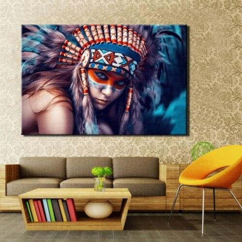 Modern Oil Painting Indian Girl with Feathered Portrait Pop Art Canvas Painting Poster Wall Picture for Living Room Home Decor