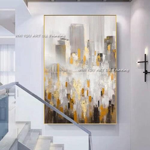 Modern City View Yellow Busy Life Black Handpainted Abstrat Oil Painting On Canvas Home Decor Wall Art Picture For Living Room