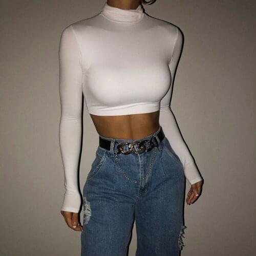 Turtleneck Long SLeeve White Sexy Crop Tops Casual Fashion T Shirts Black Women Autumn Winter Tees Brown Basic