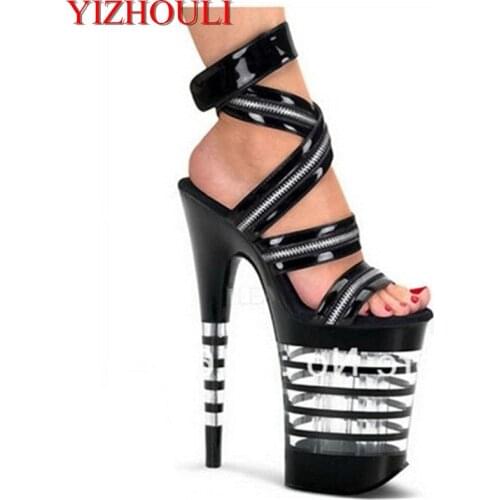 20cm platform sexy shoe Gorgeous Stripe Crystal sandals 8 inch zip back strap Dance Shoes sexy clubbing high heels