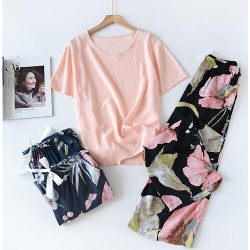 Viscose Solid Color Short-sleeved Floral Nine-point Wide-leg Pants Two Piece Set Summer New Cotton Silk Womens Home Pajamas