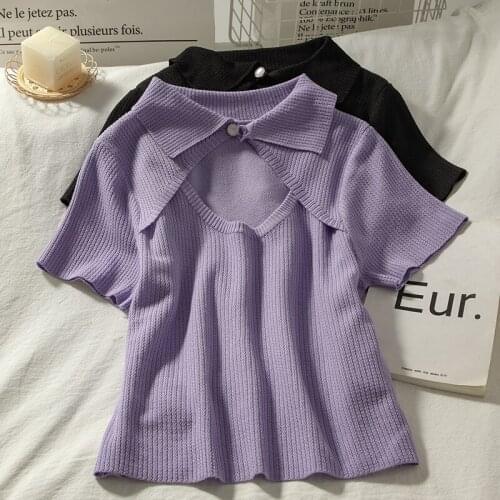 Hollow Out Design T-shirts Women Turn Down Collar Pure Color Short Sleeve Tees Tops Femme Summer 2021 New Knitted Mujer Ropa