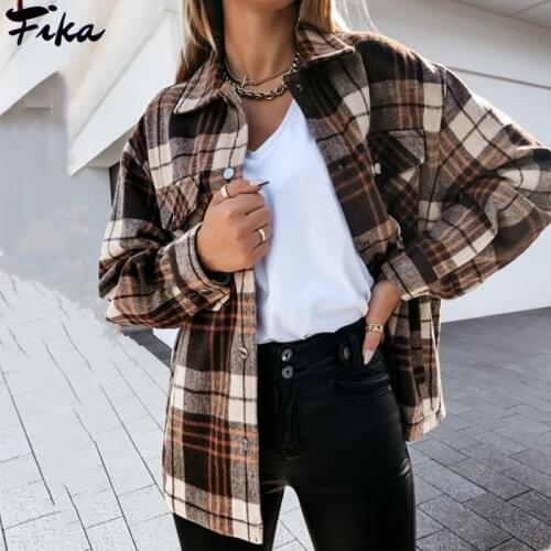 Oversized Plaid Print 2021 Autumn Women Shirt Jacket Long Sleeve Button Pocket Fashion Shirts Coats Streetwear Thick Wool Coat
