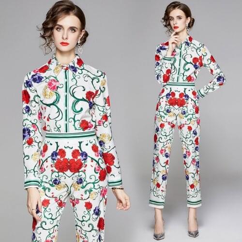 Elegant Office Lady Floral Printed Two Piece Set Women Matching Sets Birthday Outfits Fashion Clothing Elastic Waist Pant Suits
