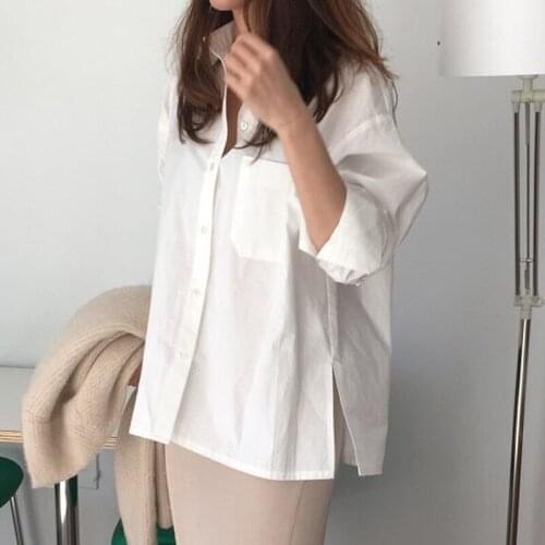 2021 Spring Summer Tops Femme Vintage Back Split Women Blouses Shirts Elegant Single-Breasted Female White Shirts