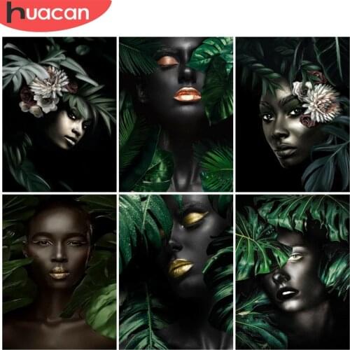 HUACAN Diamond Painting African Woman Full Drill Diamond Mosaic Leaves Cross Stitch Home Decor Gift For Women