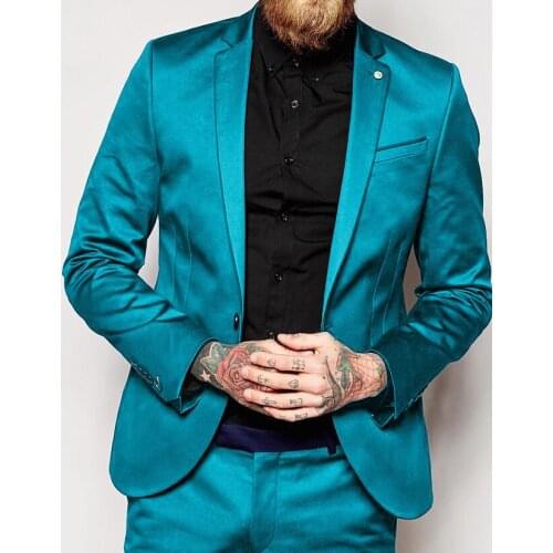 ANNIEBRITNEY 2019 Fashion Shiny Blue Satin Italian Men Suit Prom Party Wedding Tuxedos Slim Fit Groom Suits Custom Blazer Pants
