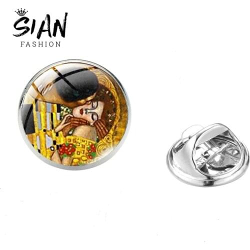 SIAN Classic Artist Gustav Klimt The Kiss Brooch Pins Famous Paintings Charm Stainless Steel Dress Clothes Pin Valentine Gift