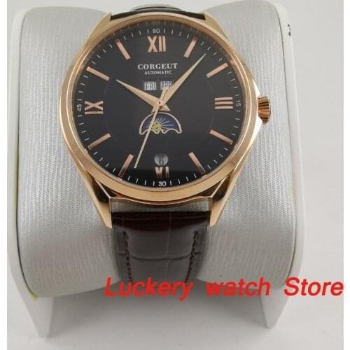 40mm corgeut mens watch black dial Date moon phase rose gold coating Automatic Mechanical watch-CA59