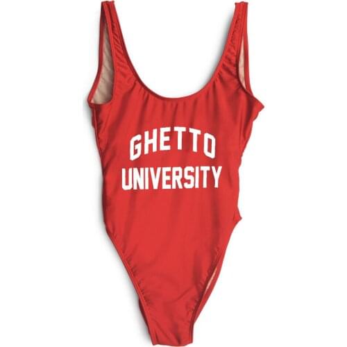 GHETTO UNIVERSITY customize letter print women one piece bathing suit Jumpsuits Sexy Open Low Back swimwear catsuit