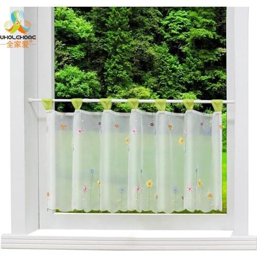 Floral Green Tab Top Voile Half Kitchen Cafe Curtain Embroidered Pastoral Style Small Curtain Home Window Treatment Decoration