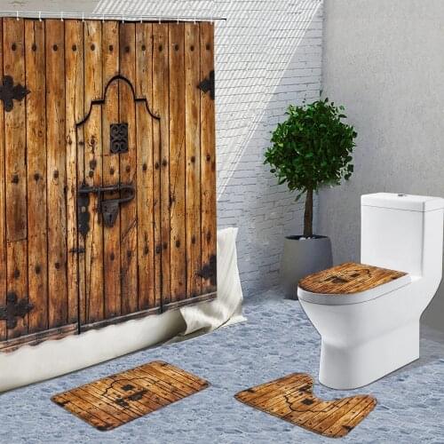 Wooden Door Shower Curtain Set Fabric Northern Europe Retro Bath Decor Things For Home Bathroom With Stitch Rugs And Curtains 4P