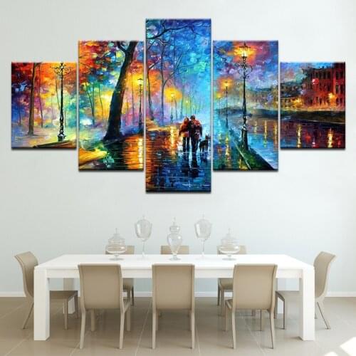 Home Decor Wall Pictures Art HD Prints Poster 5 Pieces Watercolor Rainy City Abstract Street light Canvas Painting Framework