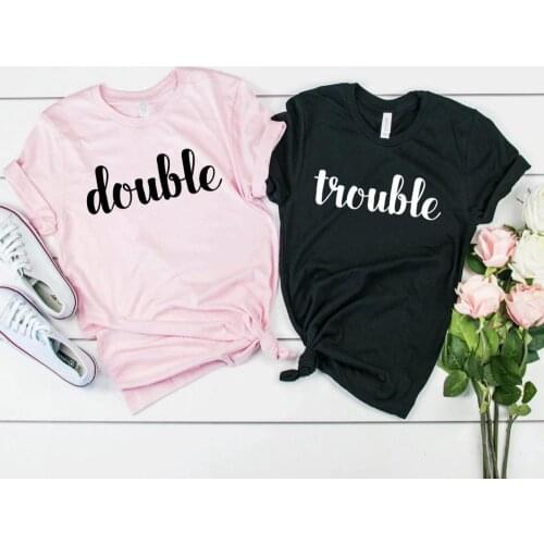 Double Trouble Best Friend Gift Girl Women Tshirts Fashion Letter Print Cotton Shirts O Neck Casual Shirt Short Sleeve Top Tees