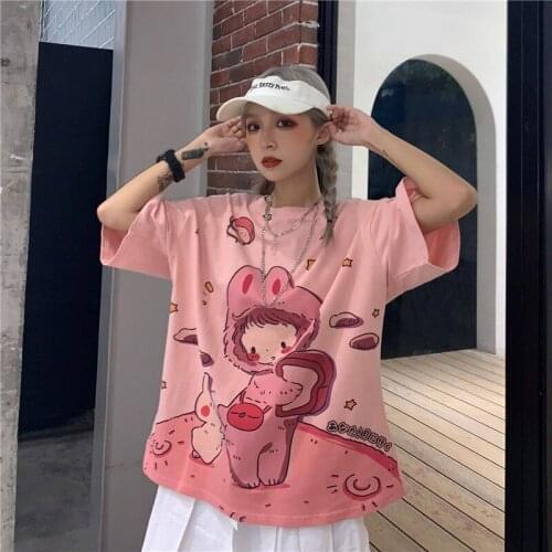 Harajuku Cute Cartoon T-Shirt Women Hip Hop Streetwear Half Sleeve Cartoon Kawaii Printed Tees Casual Loose O-Neck T Shirts